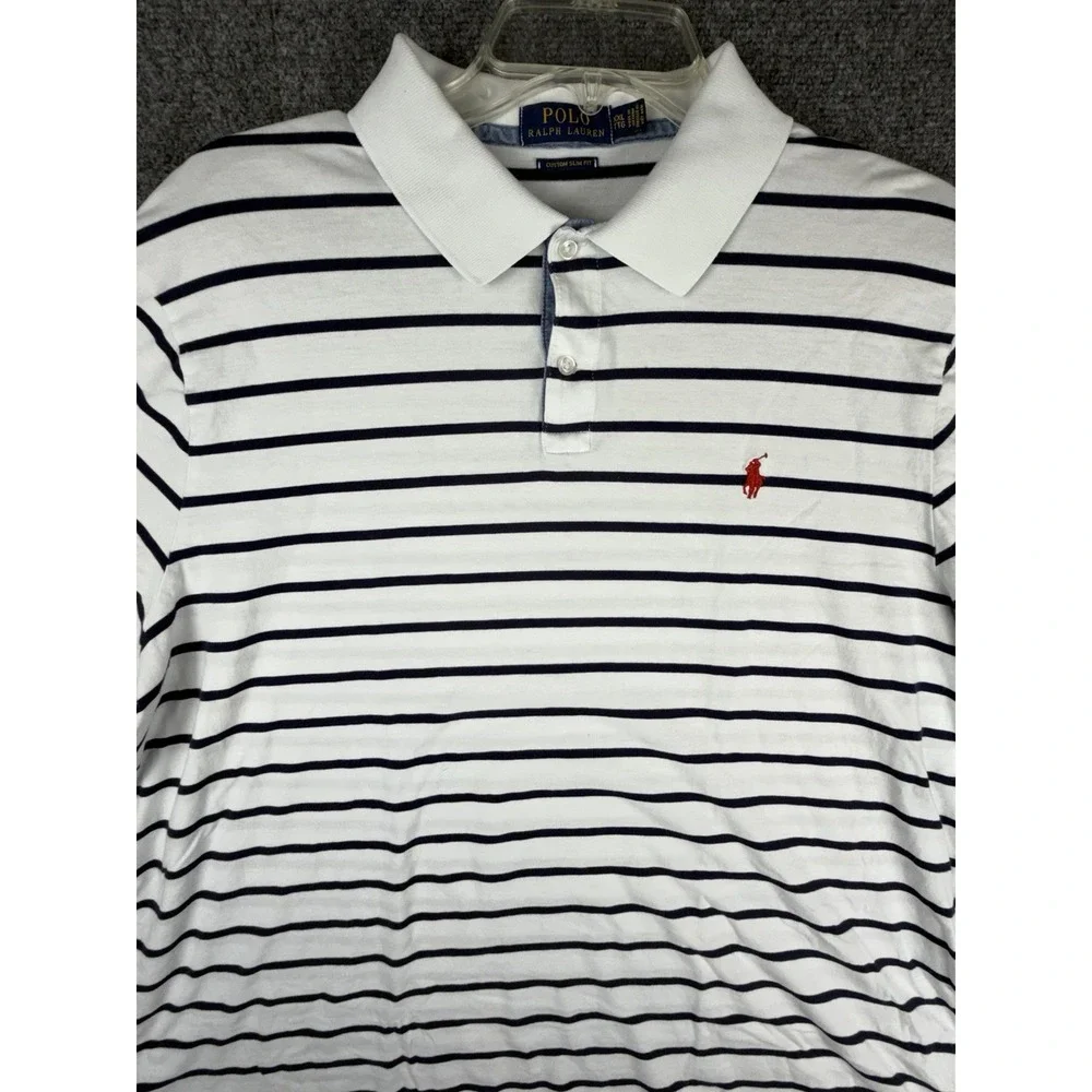 Polo Ralph Lauren Custom Slim Fit Polo Shirt Men 2XL White Blue Striped Golf